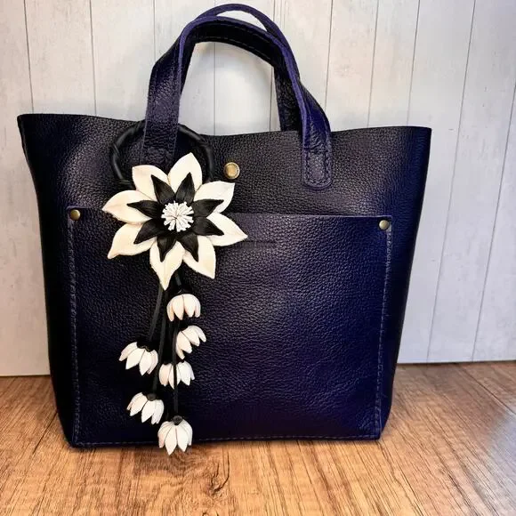 Black White Flower Purse Charm Genuine Leather Flower Bag Charm NEW FAST SHIP - Picture 2 of 7